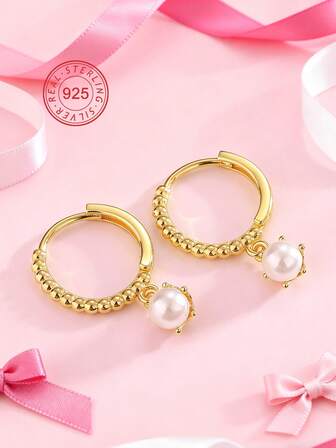 Artepollo 925纯银串珠圆形耳环，14K镀金珍珠耳环，低过敏性，不褪色，轻盈舒适，日常佩戴，礼盒包装，圣诞礼物