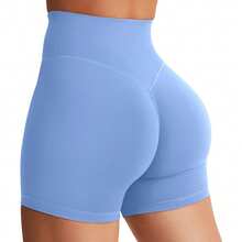 YEOREO Women's Biker Shorts 4.5" Workout Gym Shorts Craze High Waist Tummy Control Hidden Scrunch Running Yoga Shorts - 淺藍 - 查看 10