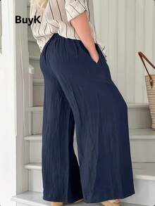 BuyK [Pants]BuyK Women's Navy Blue High-Waisted Buttoned Linen Wide-Leg Pants - Unlock American Lazy Chic