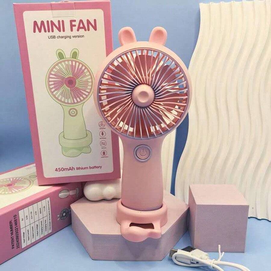 Portable Rabbit Ear Fan With Mobile Phone Holder, Rechargeable Model, Mini Three-Speed Adjustable Table Fan. - Pink - View 1