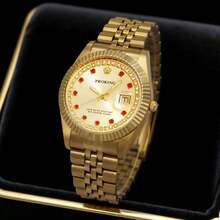 PROKING 1pc 40mm Men's Watch, Stainless Steel Case & Band, Gold Color, Luxury Quartz Watch, Business Water-Resistant Wristwatch, Fashion Calendar Diamond-Studded, Suitable For Daily Decoration, Holiday & Birthday Gift - Red - View 6