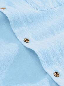 Men's Solid Color Linen Button-Up Long Sleeve Mandarin Collar Shirt And Pants, Vacation Casual Husband 2-Piece Set - 淺藍色 - 查看 5