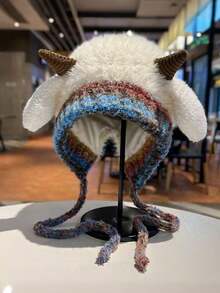 1顶儿童帽子，适合3-16岁儿童，小羊角帽，可爱帽子，防风保暖帽，旅行和摄影道具，羊耳朵可以发出声音，男女宝宝冬季帽子，幼儿发饰，男女通用