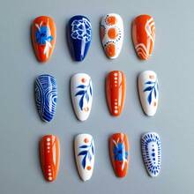 Exquisite And Fashionable New Design Wear Nail Encounter Bright Summer Fingertips Orange And Blue Romantic Nail Art 24 Pieces - 果凍膠款 - 查看 3