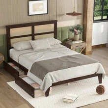 Full Size Bed With Rattan Headboard & 2 Storage Drawers, Solid Rubber Wood Bed Frame With Enhanced Support Slats, Platform Bed In Espresso (Mattress Not Included) - Espresso + Gỗ cao su + Đầy đủ - Xem 3