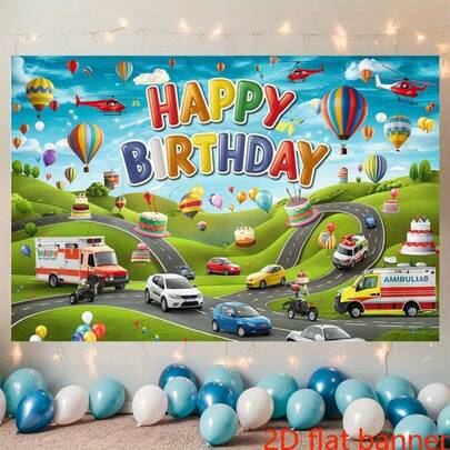 Banner phẳng 2D 1, banner tiệc sinh nhật chủ đề xe cộ đầy màu sắc với nền polyester rực rỡ, có hình ảnh khinh khí cầu, ô tô và xe cứu thương, thích hợp để trang trí phòng, tranh treo tường và làm đạo cụ chụp ảnh chủ đề xe hơi.