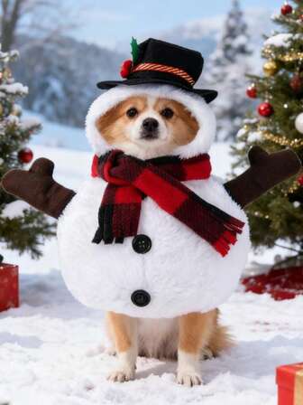 1 件白色涤纶雪人变形宠物夹克，适合中小型猫狗，冬季保暖服装，拍照道具