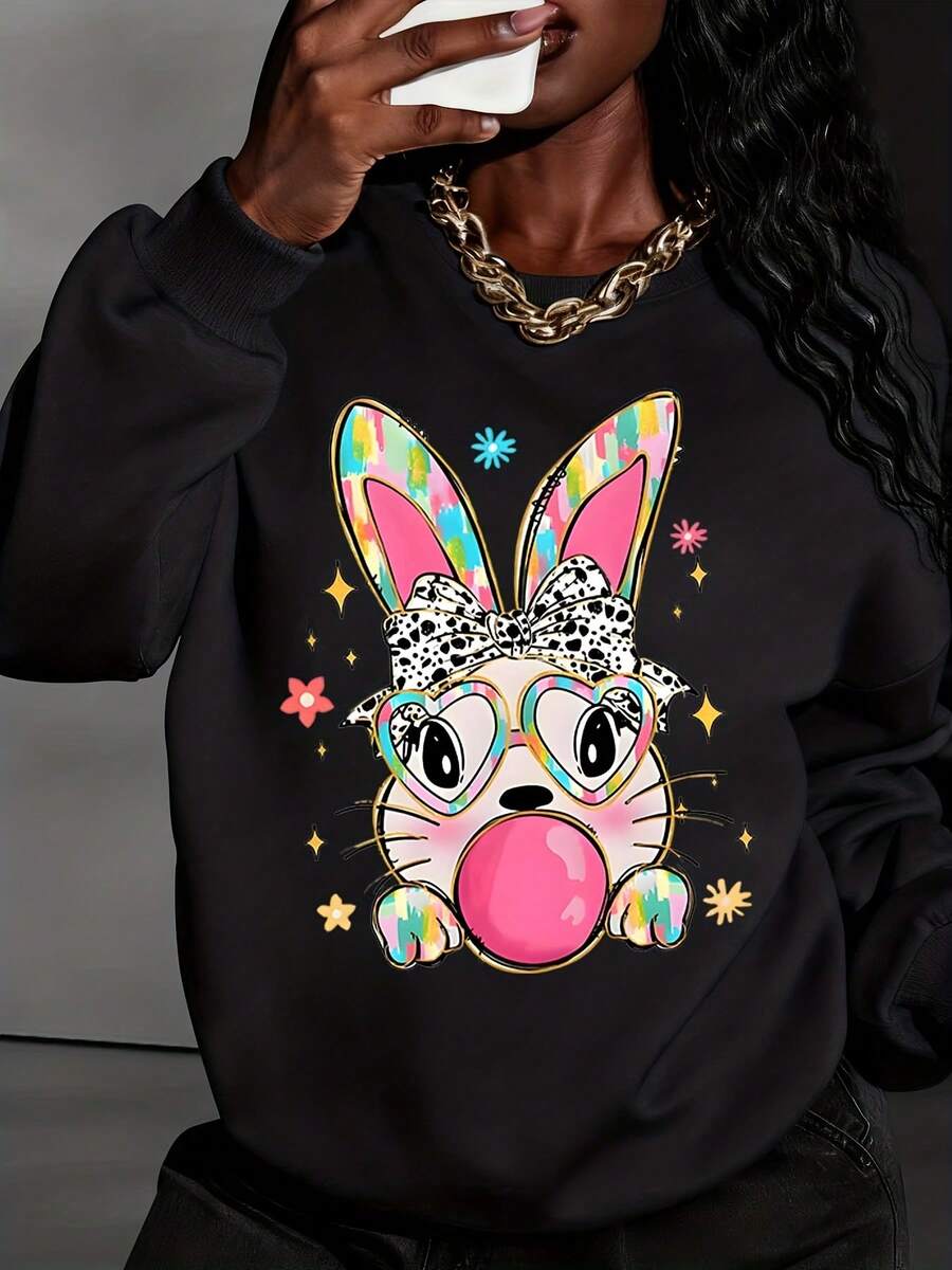 Cute Bunny Rabbit Face Print Hoodie Pink Color Rainbow Ears Bow Glasses Design For Casual Wear Party Outfits Spring Summer Fashion - Black - View 1