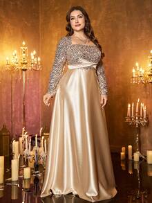 XUIBOL Plus Size Women's Elegant Sequin Long Sleeve Keyhole Neck Formal Dress, With Ruffle Details - Champagne - View 11