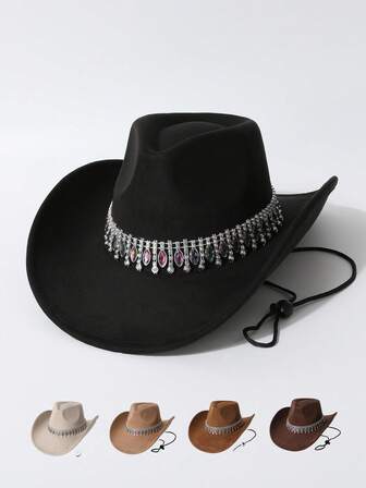1 pieza Sombrero de ala ancha con diadema decorativa de rhinestones de colores para mujer, de alta calidad y resistente al viento, en estilo vaquero occidental europeo y americano, fedora minimalista y de moda, adecuado para uso diario, fiestas, eventos con temática occidental, reuniones, cosplay, ceremonias de graduación, bailes de máscaras, festivales, celebraciones de cumpleaños, conciertos