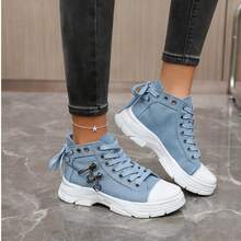 2025新款帆布高帮女鞋，透气厚底休闲运动鞋，蓝色牛仔靴，运动靴
