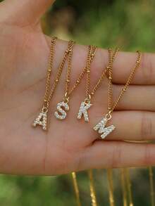 1 buc colier de lux vintage versatil cu mini zirconiu pavat cu litere A-Z, lanț cu mărgele din oțel inoxidabil, culoare aurie, potrivit pentru ținute casual pentru copii, colier cu litere personalizate, choker