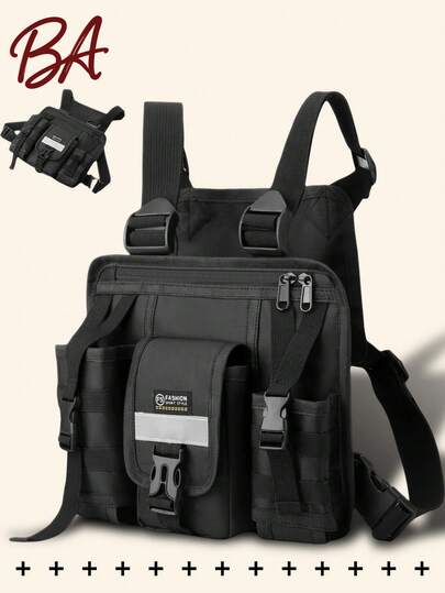 多口袋战术货运背包，户外反光背心包，多功能尼龙胸包，轻便手机收纳袋，应急旅行包，时尚街头嘻哈胸包，适合学生、校园、旅行、通勤、嘻哈表演、健身、跑步、骑行、锻炼、徒步、露营，也是节日和生日礼物的理想之选。