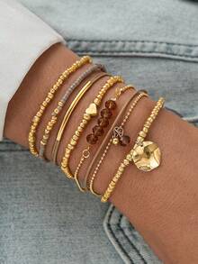 7/19pcs Vintage Elegant Heart Crystal Faux Pearl Snake Chain CCB Beaded Layered Bracelet Set, Women Occasion Gift, Versatile Daily Wear - Yellow Gold - View 10