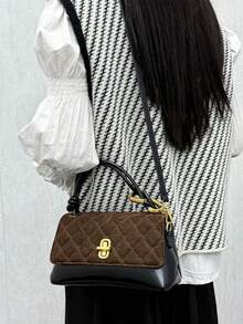 Women's Square Flap Handbag, PU Patchwork Embroidered Diamond Pattern, Elegant Autumn/Winter, Crossbody Shoulder Bag In Coffee Color - Coffee - View 6