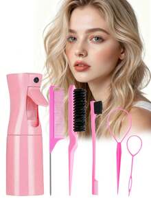6/5/1pc Spray Bottle And Comb Set, 1 Spray Bottle+1 Pointed Tail Comb+1 Eyebrow Brush+1 Fluffy Comb+2 Hair Extractors, Combs For Boys And Girls, Dry And Wet Curly Hair Combs, Parting Brushes, Thick And Thin Hair Care Brushes, Makeup, Black Five Piece Set, Christmas Back To School Season Set