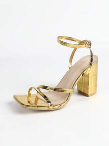 Sandal Wanita Musim Semi/Panas Ujung Persegi Emas, Sepatu Hak Tinggi Stiletto Seksi, Sepatu Pesta Minimalis Nyaman, Membuat Kaki Terlihat Lebih Panjang - Emas - View 7