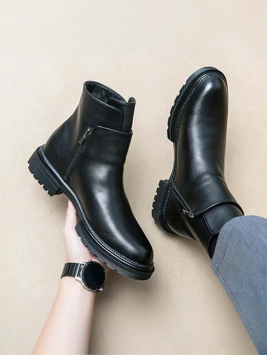 Mens Vintage Chelsea Boots Microfiber Leather With Side Zipper Square Toe Non Slip Thick Heel Durable Construction For Autumn Casual And Walking - màu đen - Xem 1