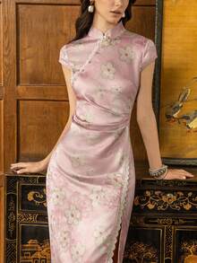 Faeriesty Vestido Cheongsam Chinês Elegante de Novo Estilo | Cheongsam de Manga Curta com Gola Alta e Fenda | Adequado para Festas Noturnas, Banquetes de Casamento e Jantares Formais - Rosa chiclete - Visão 5