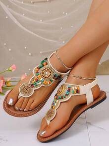 New Rhinestone Embellished Flat Sandals, Fashionable Thong Sandals For Street Wear, Suitable For Various Occasions - Beige - View 8