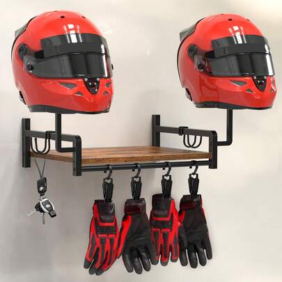 1 Set Helmet Rack Wall Mount, Motorcycle Helmet Holder, Plate Rack Display Organizer For Motorcycle Accessories, Gear Storage Rack With 4 Glove Clips, Wood & Metal Stand With 4 Side Hooks