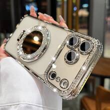 Glitter Lens Film Mirror Stand Compatible With IPhone 17 Pro Max Phone Case, 16 Pro Magnetic Full Coverage 15 Air Cushion Anti-Fall 14 Anti-Fingerprint 13 Long-Lasting Non-Yellowing 12 Protective Case 11, Anti-Fingerprint Protective Case, Phone Protection, Fashionable Phone Case, Decorative Phone Accessories, High-Quality Material, Durable Phone Case, Shock-Proof Protective Case, Smartphone Protection