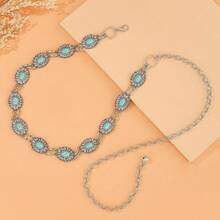 Cadena de cintura vintage bohemia de turquesa ovalada, cinturón de metal para vestido, chaqueta, adecuado para primavera, verano, otoño, invierno - Plateado - Ver 4