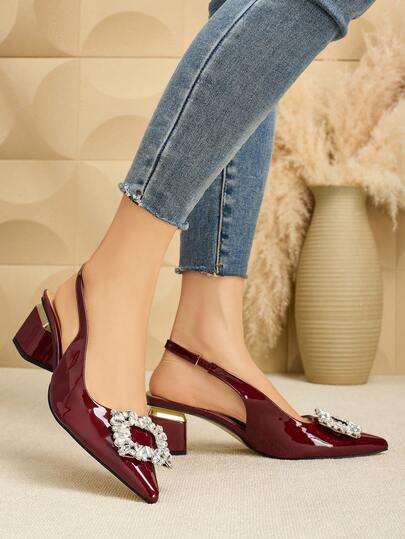 SVRM Giày cao gót mũi nhọn đế dày, da bóng, trang trí kim loại, đính đá Rhinestone, dây chun co giãn sau lưng thời trang cho nữ, thanh lịch khi đi làm, gợi cảm khi dự tiệc