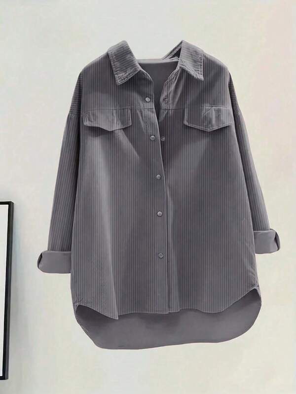 Women's Solid Color Front Button Long Sleeve Fake Pocket Casual Shirt