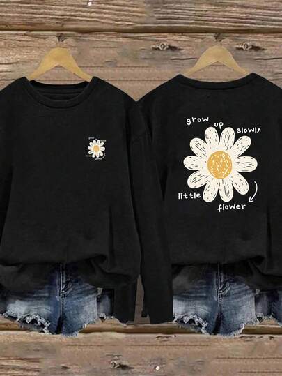 1 件女童休闲印花圆领长袖 T 恤，秋季学生年轻服装