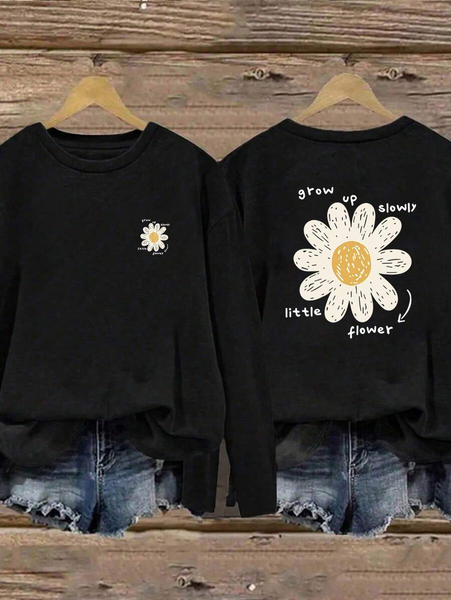 1 件女童休闲印花圆领长袖 T 恤，秋季学生年轻服装