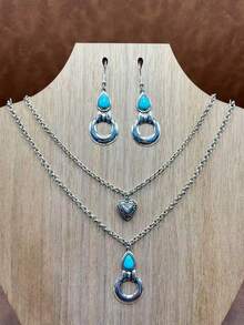 1 Set Vintage Bohemian Style Turquoise Pendant Necklace, Turquoise Earrings, 2-Layer Necklace Can Be Matched Freely, Versatile, Suitable For Casual Wear, All Seasons Jewelry, Suitable For Women And Girls To Match Daily Outfits, Party Accessories, Jewelry, Gift For Family/Friends/Yourself - Bohemian Style - View 20