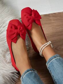 Women's Bow Decor Flat Loafers, Fashion Comfortable Breathable Slip-On, Gentle & Elegant Flat Shoes Suitable For Daily Commute,Ballet Flats - Red - View 3