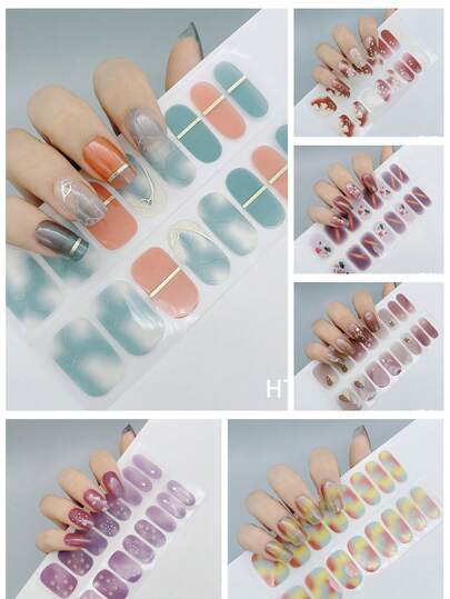 16-Piece Cat-Eye Sequin Rhinestone Full-Cover Gel Nail Stickers, Self-Adhesive Gold-Edged Floral Heart-Shaped Various Nail Sticker Designs, French Gothic Mixed Style, Long-Lasting Shine, Suitable For Women's Daily DIY Salon-Quality Press-On Nail Use