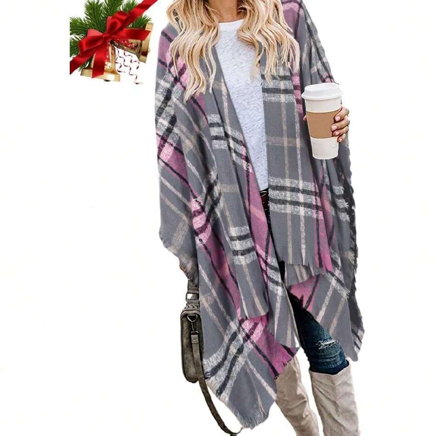 Women's Boho Open Front Poncho Knitted Plaid Shawl Wrap Cape Tassel Cardigan Sweater,28125878 - 玫紅色 - 查看 1