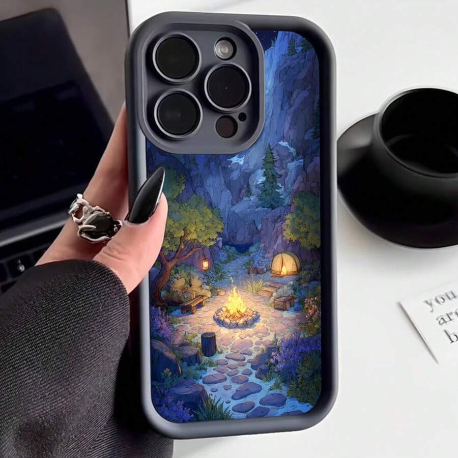 Cubierta de teléfono con diseño de acampada nocturna en bosque azul oscuro para uso diario y viajes - Burdeos - Ver 1