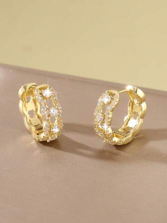 一对奢华闪亮铜色锆石几何圆形耳环，优雅精致，是送给女性的礼物，适合派对/约会佩戴。