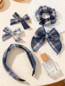 5pcs/Set New Kids Retro Collegiate Style Patterned Linen Fabric Bow Hairclips (Headband + Hair Ties + 2 Butterfly Hair Clips), Children's Hairstyle Gift Set, Red Bow, Suitable For Daily Use - Multicolor - View 11