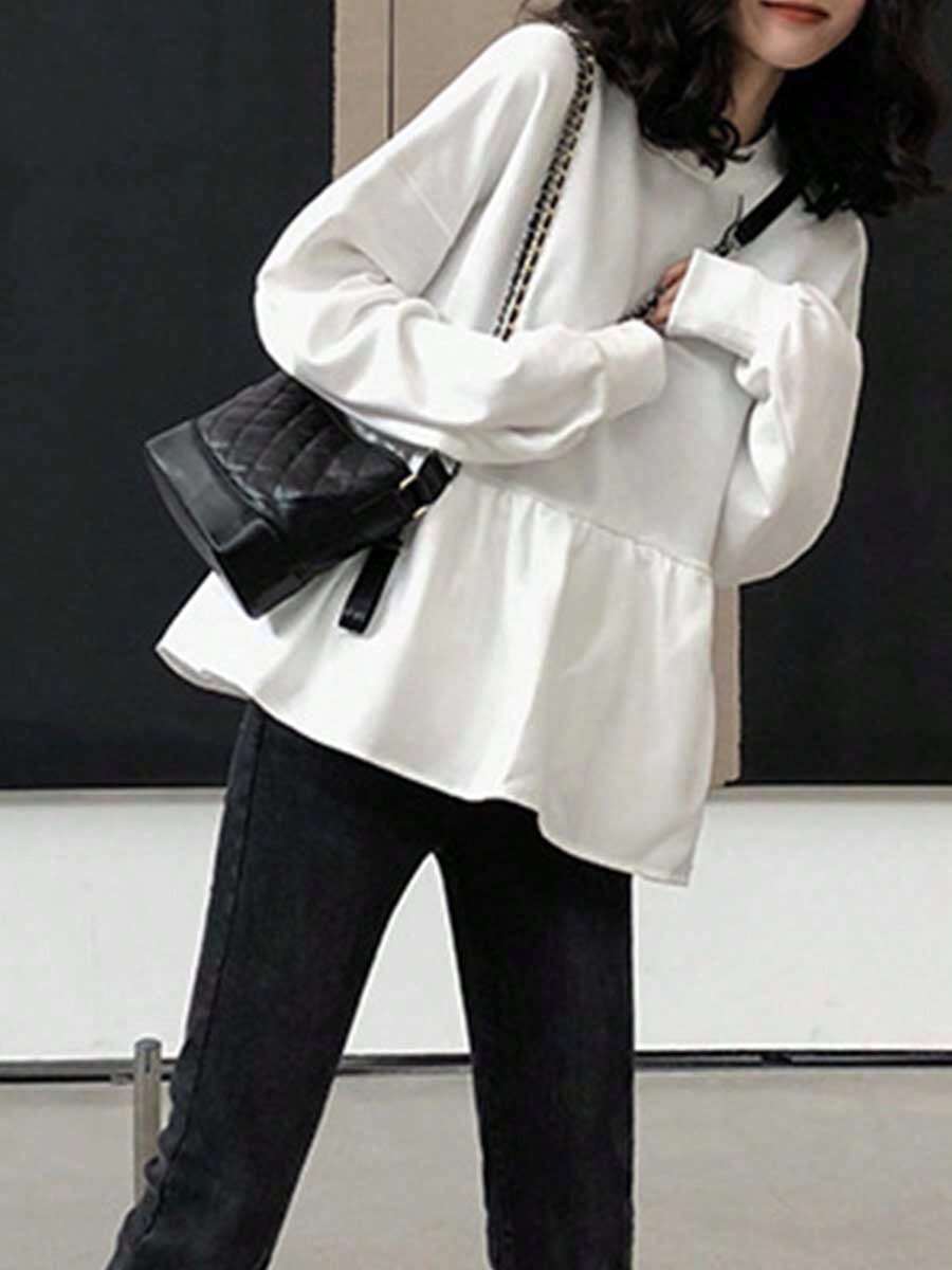 Camiseta de manga larga de color liso y corte holgado estilo coreano para mujer, ideal para estudiantes y para llevar de forma informal. Sudadera de mujer a la moda. - Blanco - Ver 1