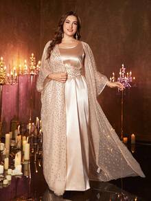 UNITHORSE Plus Size Women's Round Neck Batwing Sleeve Belted Long Luxury Beaded Lace Embroidered Robe Two Pieces Turkish Abaya Dress Spring - Champagne - View 2