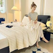 1pc Soft Vintage Style Faux Fur Blanket - Cozy Choice For Sofa And Chair, Striped Pattern, Machine Washable, Polyester Blend, Comfortable For All Seasons, Chair/Bed Cover | Soft Blanket | Polyester Blend, Rabbit Decor - Beige - View 7