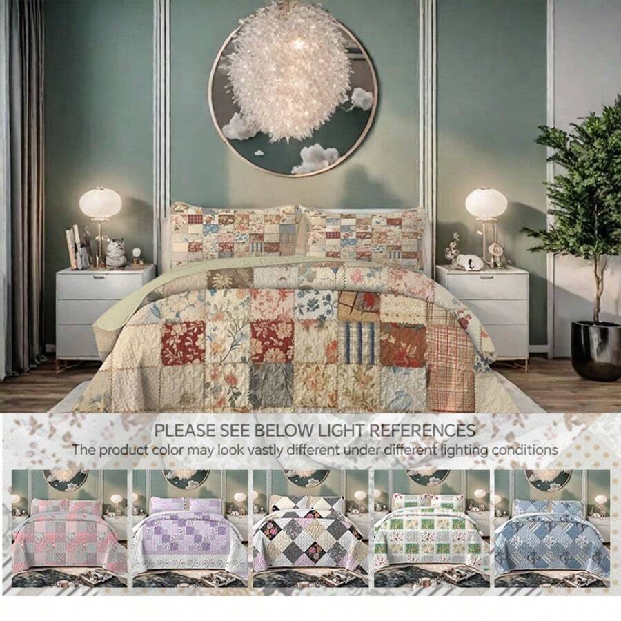 3 Pieces Full/Queen/King Size Aesthetic Quilt Set, Machine Washable Cozy Bedding Coverlet, Brushed Microfiber Quilt Cover, Cozy Quilted Blanket Bedding Sets With Pillow Shams, Embroidery Thin Comforter, 2 Pieces Twin Quilt Set - 香檳色 - 查看 1