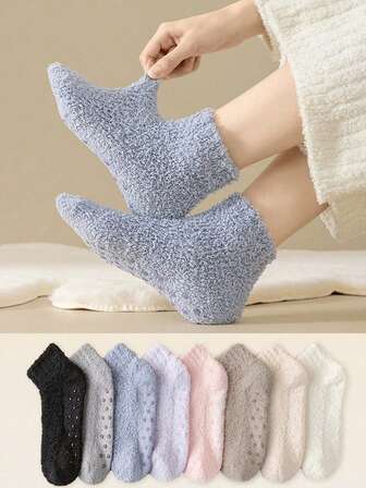 3/6 Pairs Women Solid Color Coral Fleece Fluffy Silicone Non-Slip Ankle Socks, Soft & Comfortable House Socks, Suitable For Gatherings, Ins Style, Warm Lining, Cozy