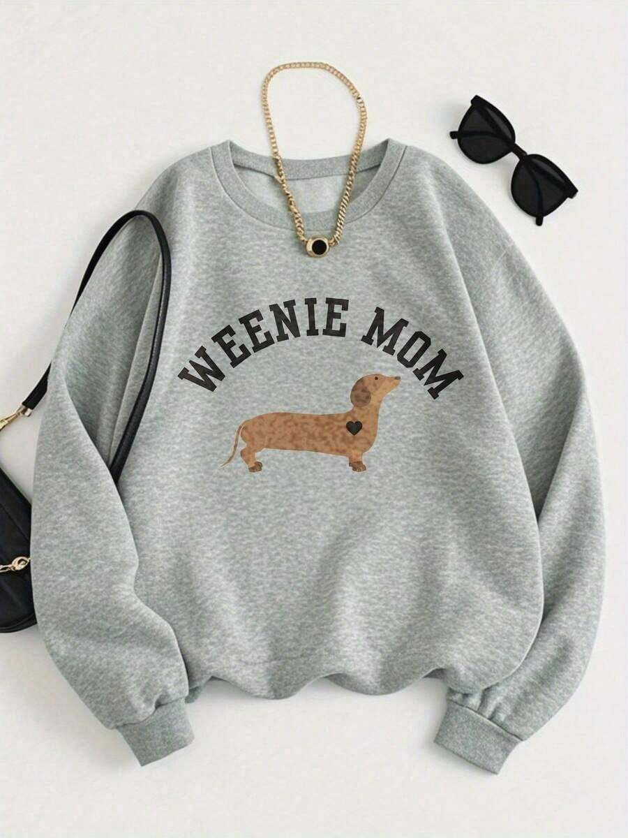 Women Winter ClothesWomen's Weenie Mom Dachshund Graphic Sweatshirt - Cute Dachshund Lover's Pullover With Dachshund Dog Design & "WEENIE MOM" Lettering - Soft Casual Sweater For , Spring/Fall Warmth, Machine Washable - Perfect Gift For Dachshund Owners (Green/Black/White/Gray/Navy) - Round Neck Long Sleeve Relaxed Fit For Dachshund Enthusiasts, Pet-Themed Apparel-Unisex Vintage Cotton Tee Black White - Loose Fit For American Music Festival Camping & Shows Comfortable Crew Neck Sweatshirt For Everyday WearLoose And Comfortablesweaters For Women - 淺灰色 - 查看 1