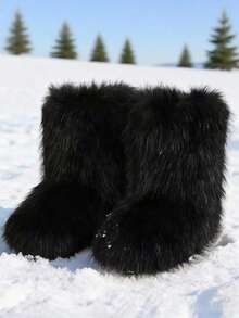 New Winter Style Black Faux Fur Ankle Boots. Made With Specially Selected Extra-Long Plush For A Fluffy And Stylish Look. The Matte Finish And Silky Touch Are Perfectly Blended. The Ankle-Length Design Precisely Flatters The Ankle Line, While The Rounded Toe Relieves Pressure On The Feet. The Densely Packed Plush Lining Provides Warmth, And The Slightly Wider Boot Shaft Accentuates The Slender Ankle Curve. Classic Black With Gold Accents. Suitable For Everyday Wear, Parties, And Dates. The Fluffy Plush Is Lightweight And Not Bulky, Creating A Y2K Millennial Chic Look. Dynamic Beauty With Every Step.