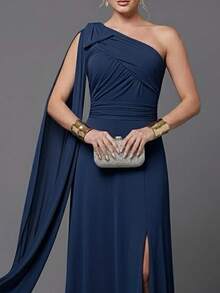 Bridesmaid Dress For Parties, Guests, Receptions, Graduations, Without Glitter, Cape Sleeves, In Flowy Fabric. - 藏蓝色 - 查看 3