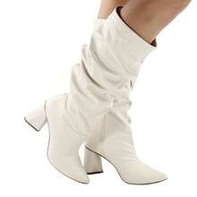 Women's Slouchy Wrinkled High Boot With 7.5 Cm Geometric Chunky Heel And Pointed Toe - Comfortable - White - View 1