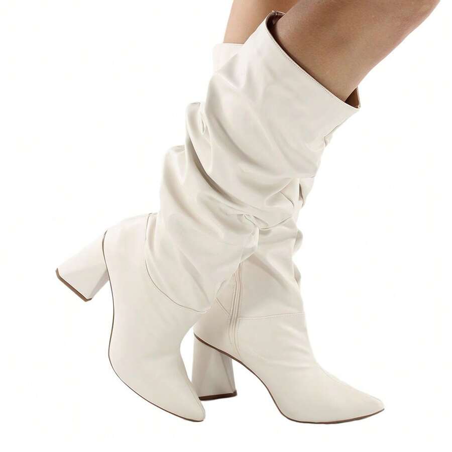Women's Slouchy Wrinkled High Boot With 7.5 Cm Geometric Chunky Heel And Pointed Toe - Comfortable - White - View 1