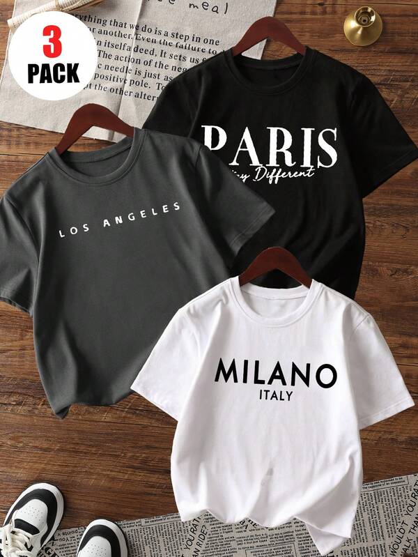 Three Piece Set Of Girls' Casual Printed Round Neck Pullover Short Sleeved T-Shirt For Summer Students' Young Children's Clothing - Colorful T-Shirts Bring Joy And Happiness To Every Child! Kids Clothes Girls Graphic Tees Summer Tops Tween Girl Clothes