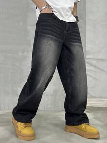 HEHCN 男士口袋水洗黑色阔腿休闲宽松牛仔裤，街头风宽松长裤，适合送给丈夫、男友 - 黑色 - 查看 4